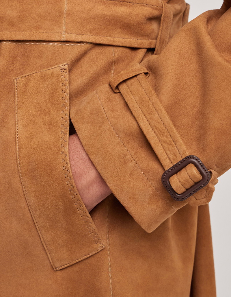 CARAMEL MIXED-MATERIAL ULTRALIGHT SUEDE BOMBER JACKET WITH KNIT INSERTS 257