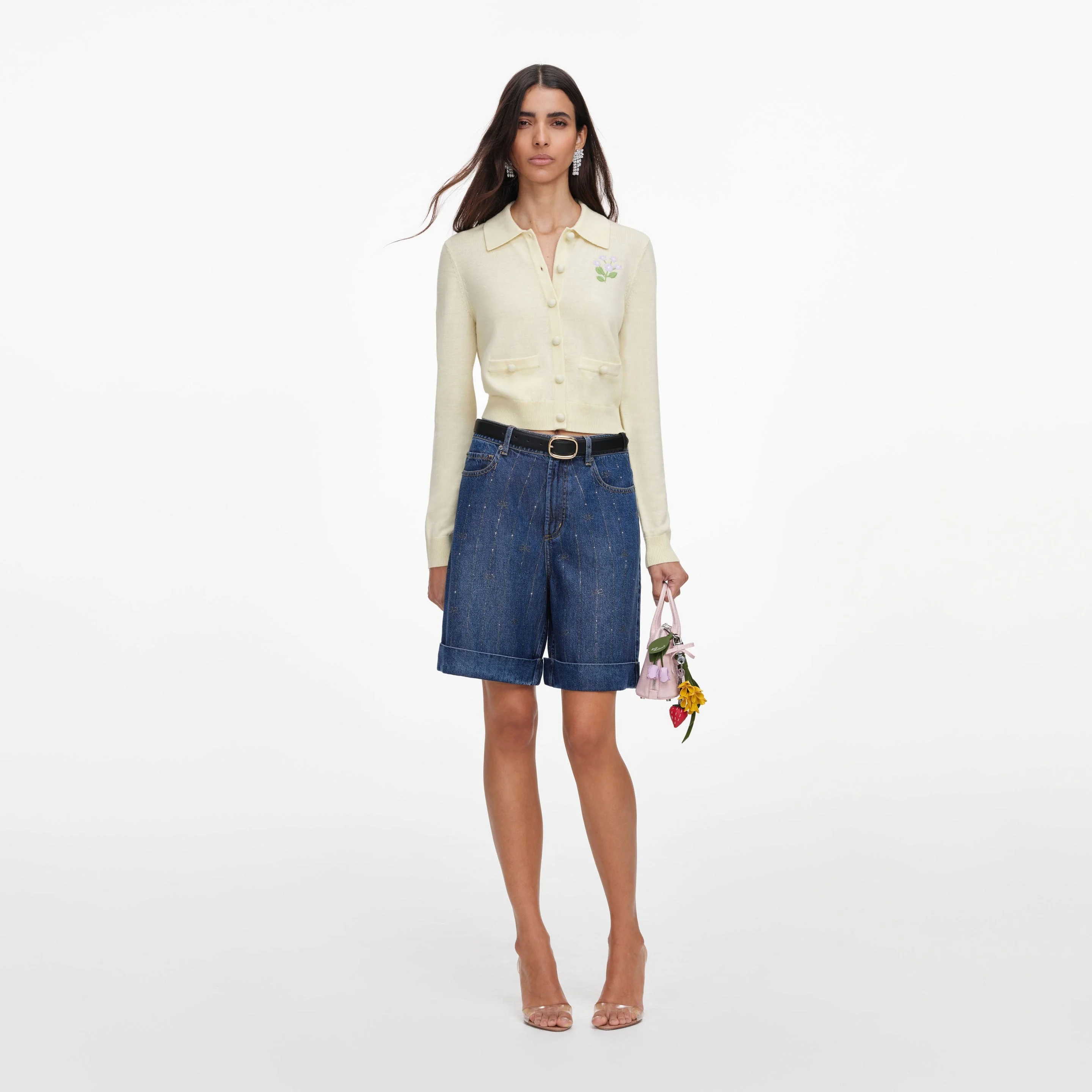 Yellow Flower Embroidered Knit Cardigan - 1
