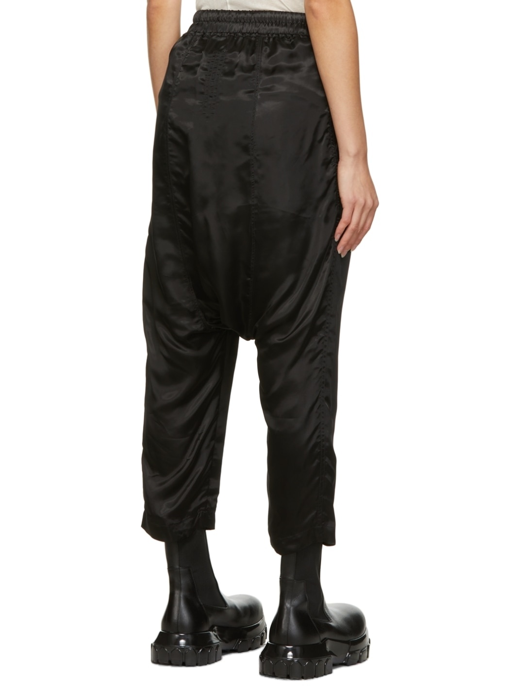 Black Satin Drawstring Cropped Lounge Pants - 3