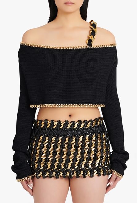 Cropped black and gold eco-designed knit sweater - 5