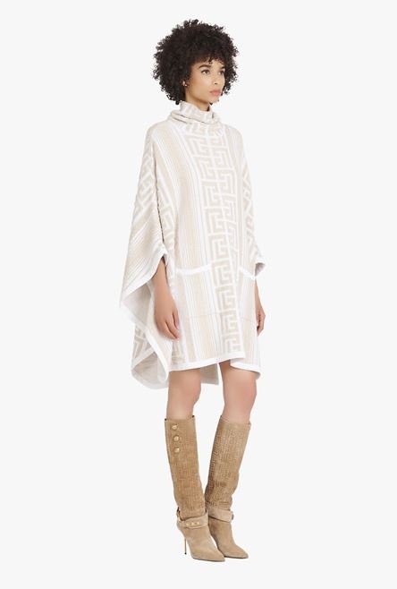 Sand-colored and white knit poncho with Balmain monogram - 7