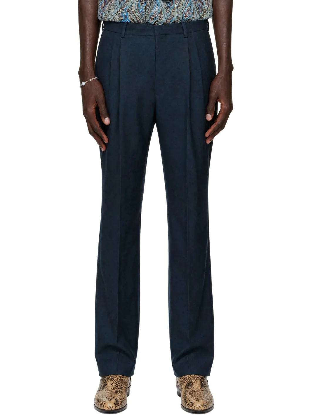 Navy Pleated Wool Trousers - 1