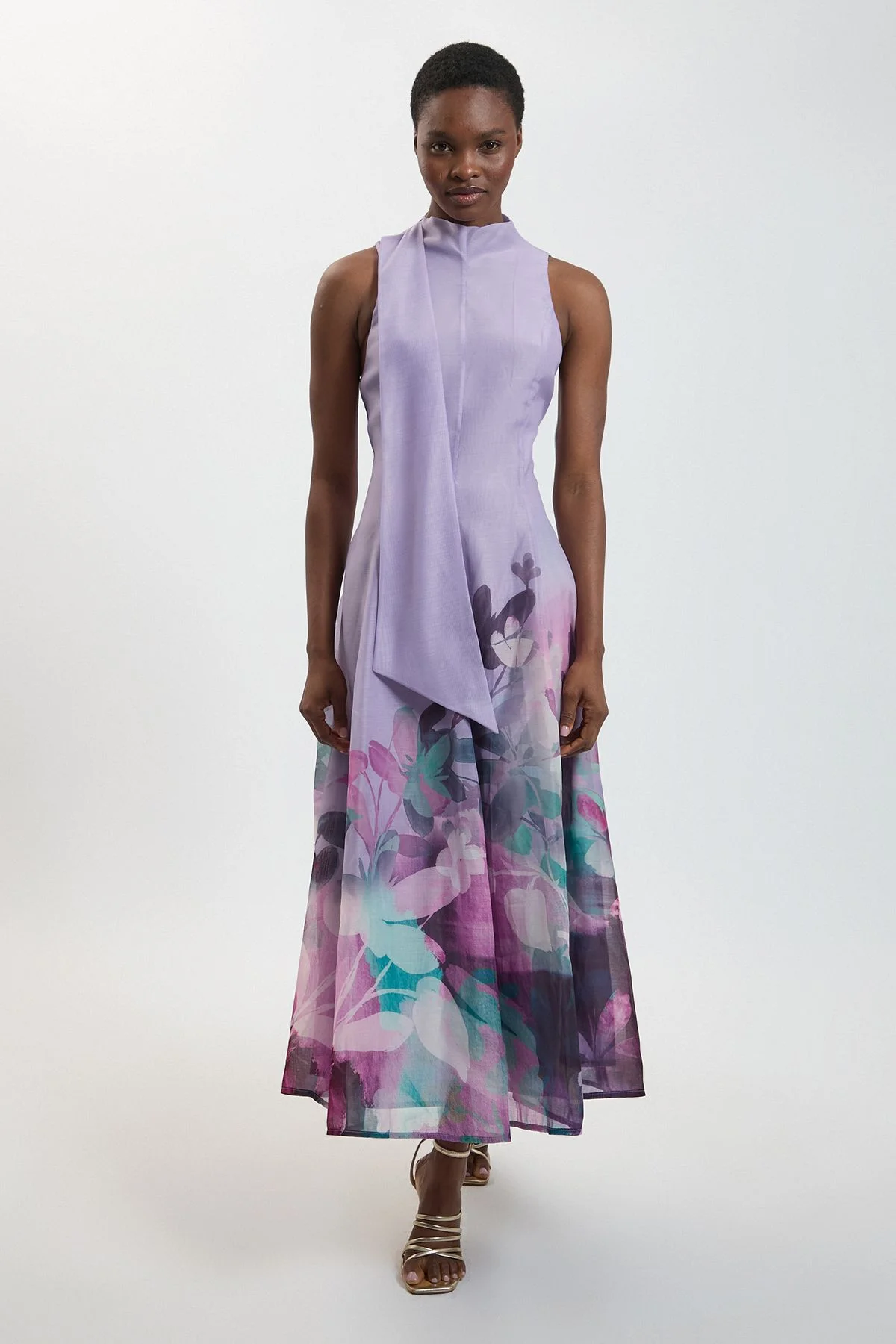 Petite Photographic Floral Organza Scarf Detail Woven Maxi Dress - 1