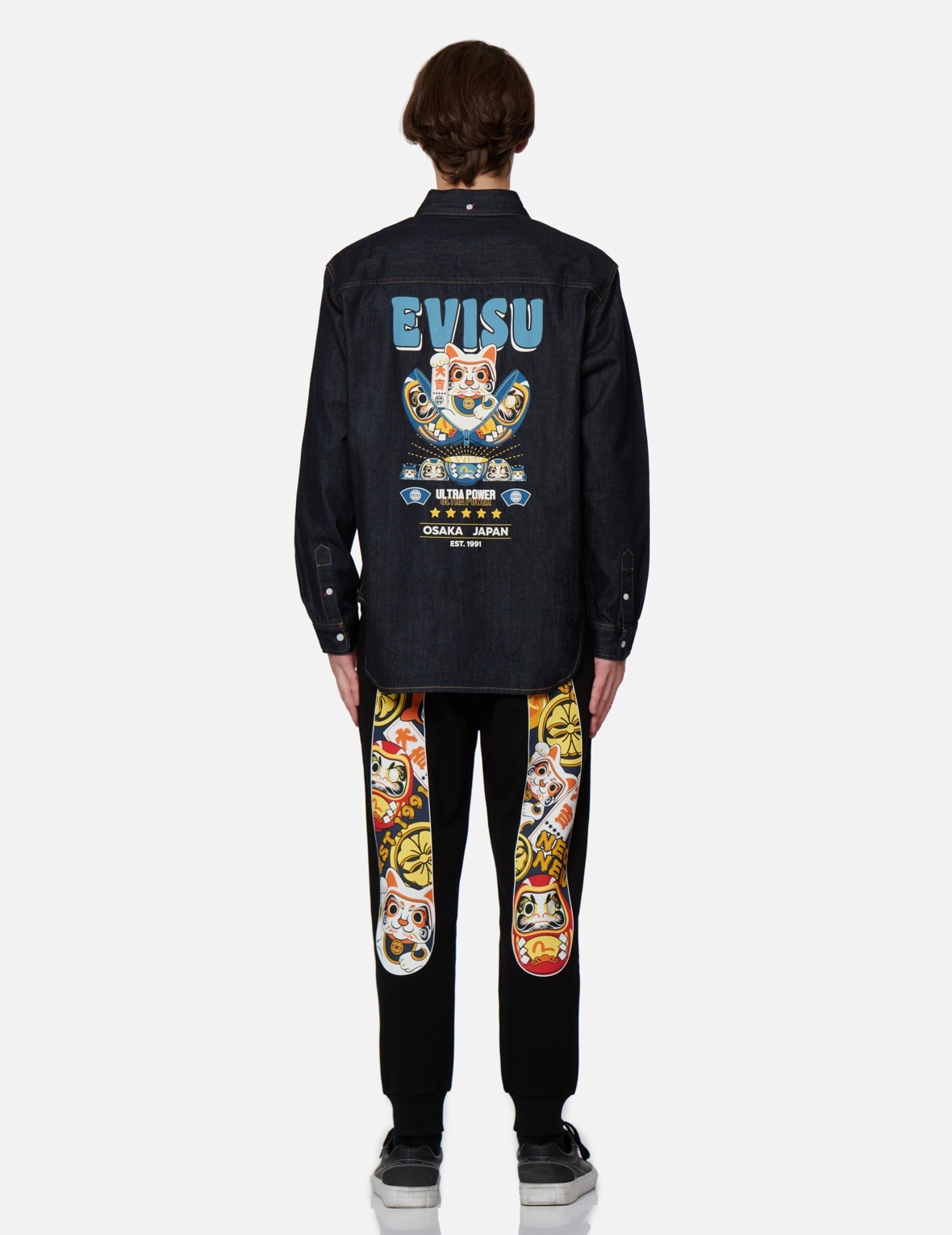 ZIP-UP DARUMA AND FORTUNE CAT PRINT DENIM SHIRT - 5