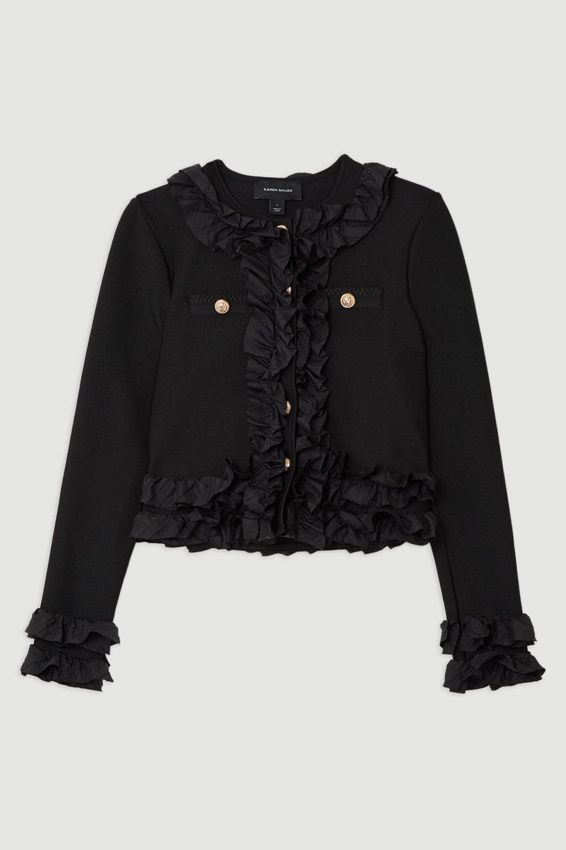 Figure Form Bandage Knit Jacket With Woven Ruffle Trim 4