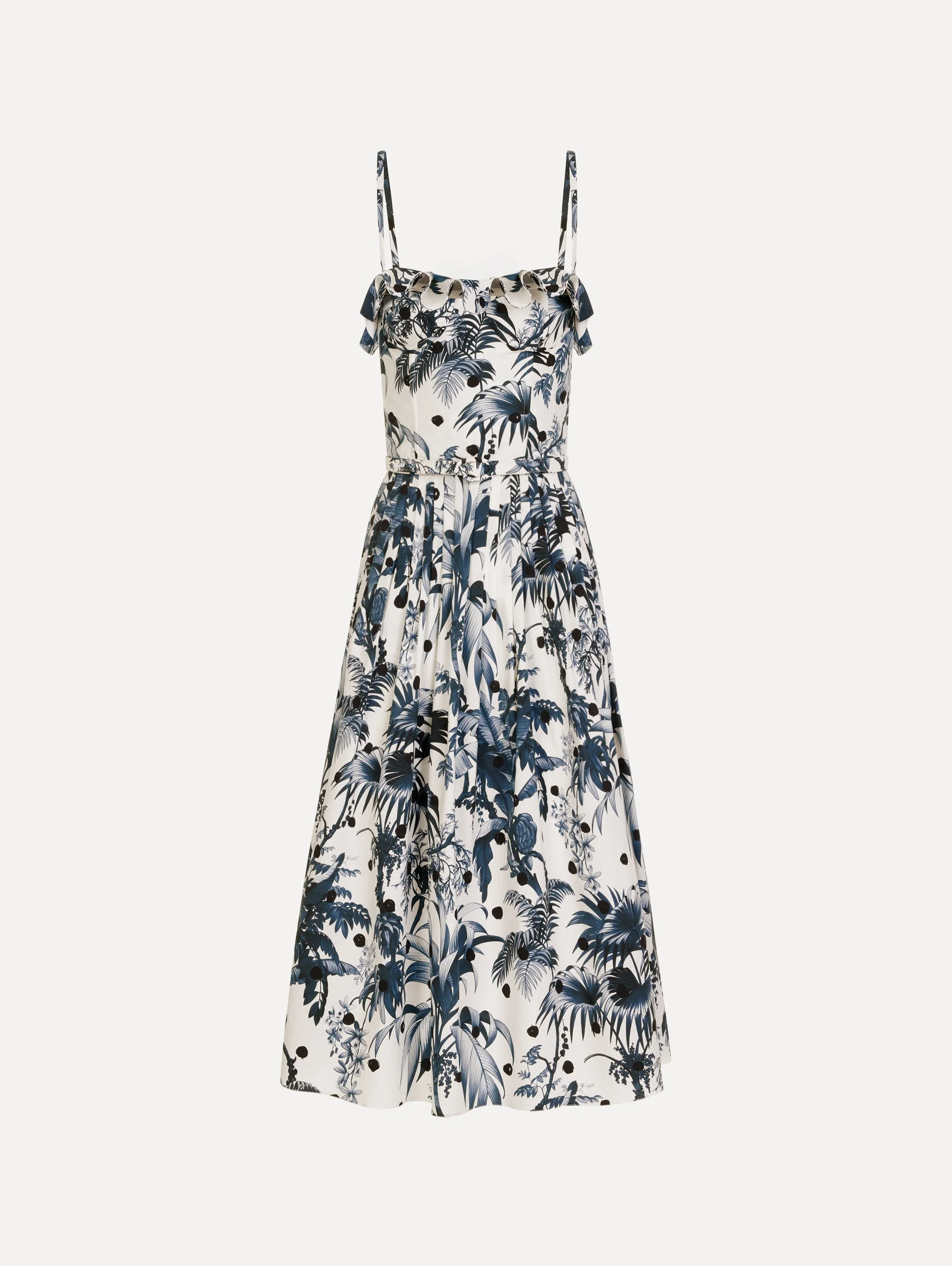 DOTTED PALM LEAVES COTTON POPLIN SLEEVELESS DRESS - 1