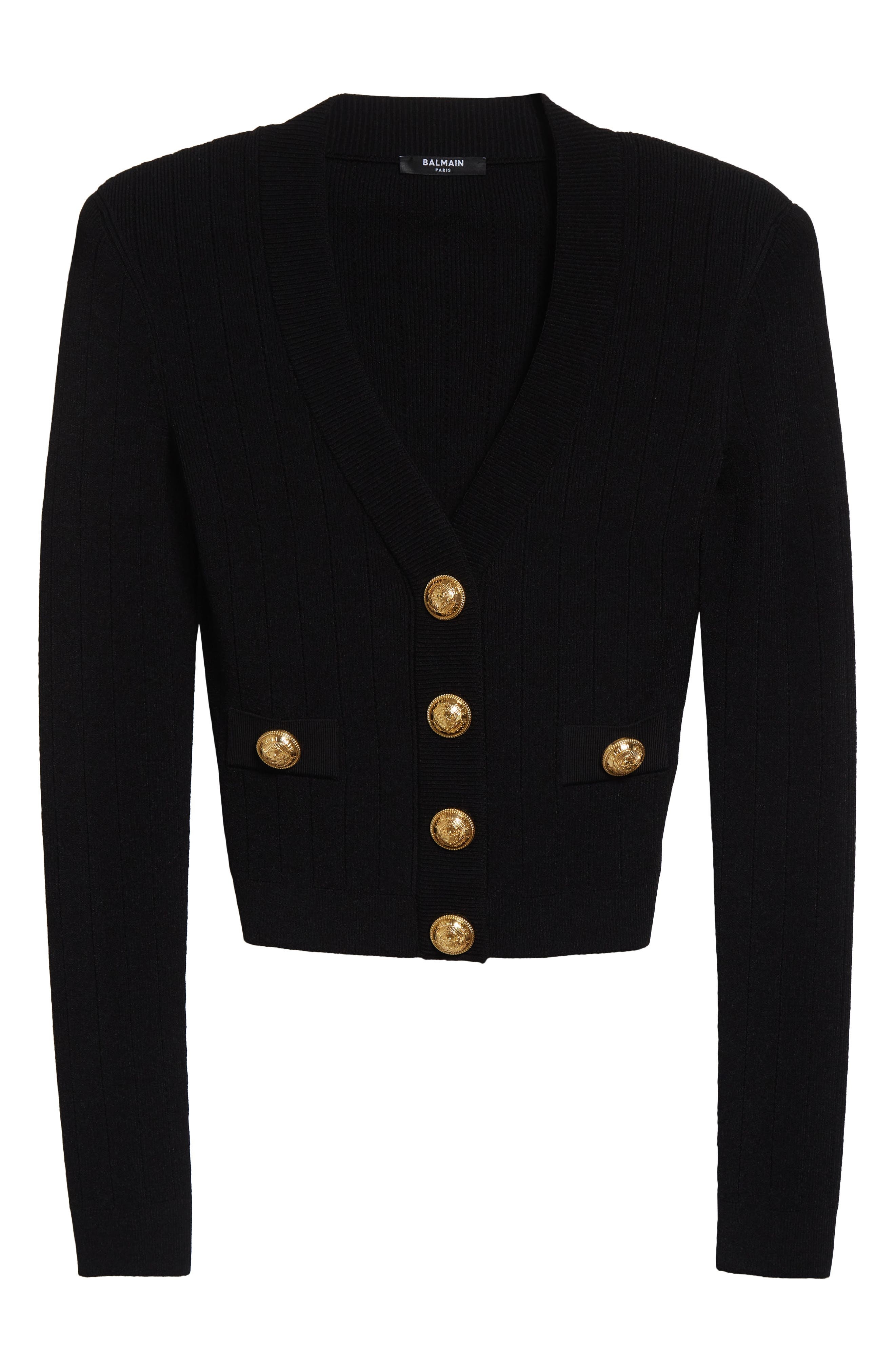 Balmain Button Detail Rib V-Neck Cardigan in Black at Nordstrom - 6
