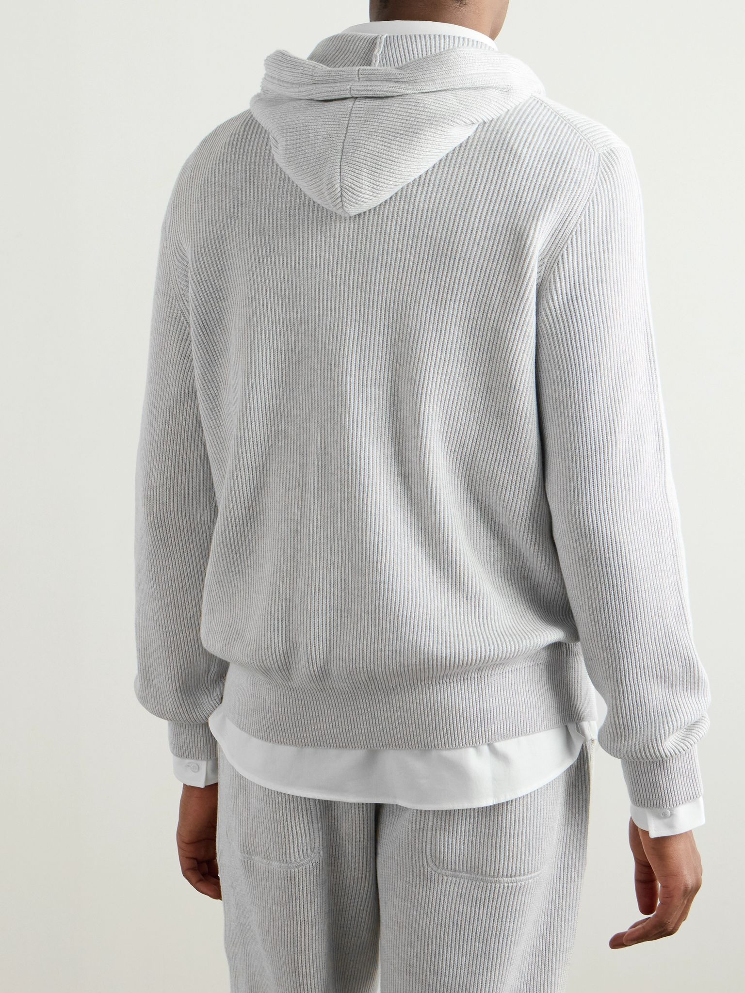 Logo-Embroidered Ribbed Cotton Zip-Up Hoodie Gray - 4