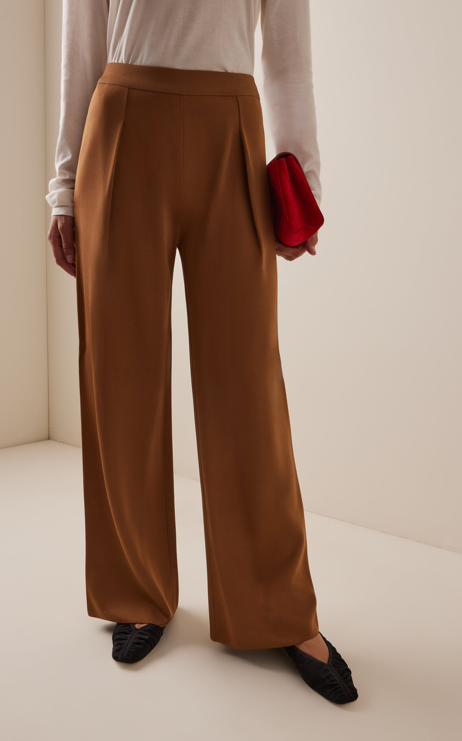 Gene Pleated Knit Wide-Leg Pants tan - 3