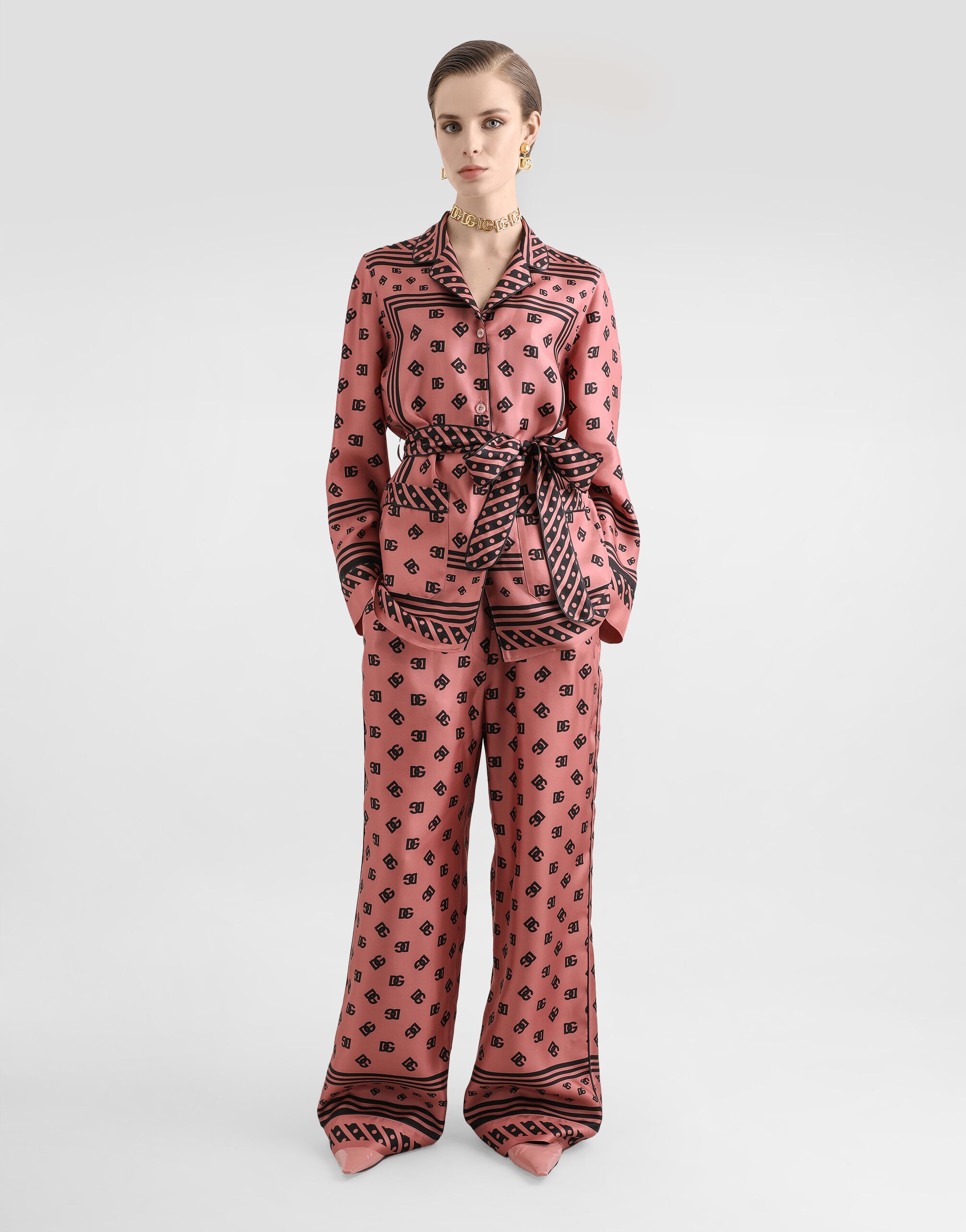 Silk satin jacquard pajama pants with all-over DG logo - 2