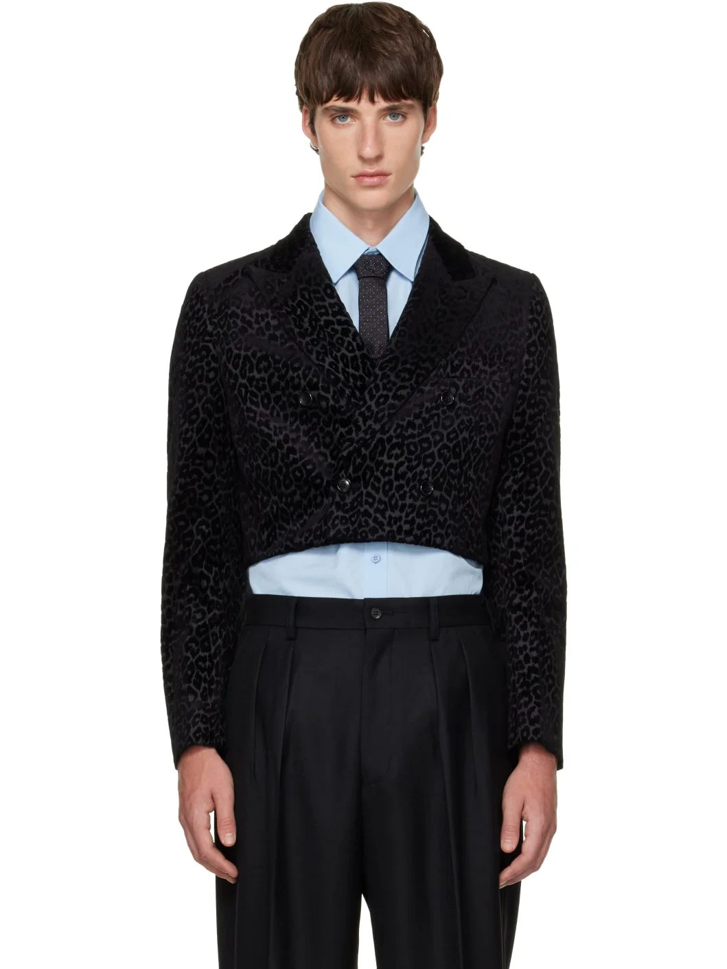 Black Cotton Velvet Flocky Print Blazer - 1
