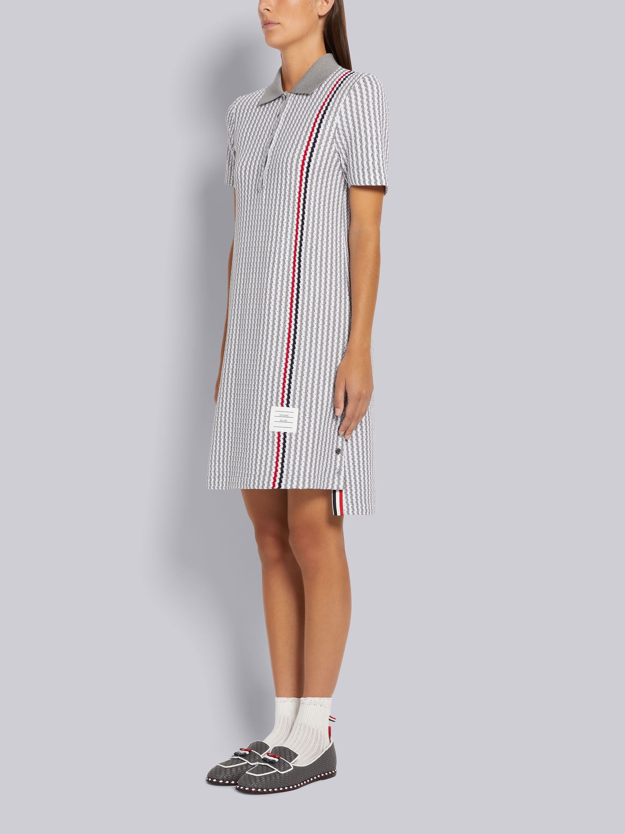 Light Grey University Stripe Cotton Tweed Engineered Stripe Mini Polo Dress - 2