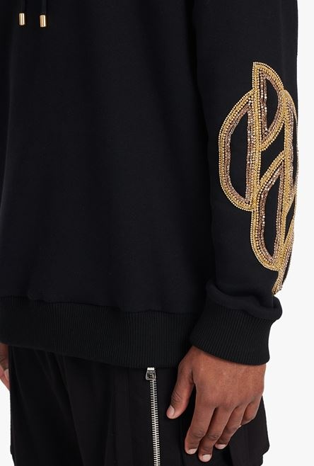 Black cotton sweatshirt with embroidered gold Balmain Paris logo - 8