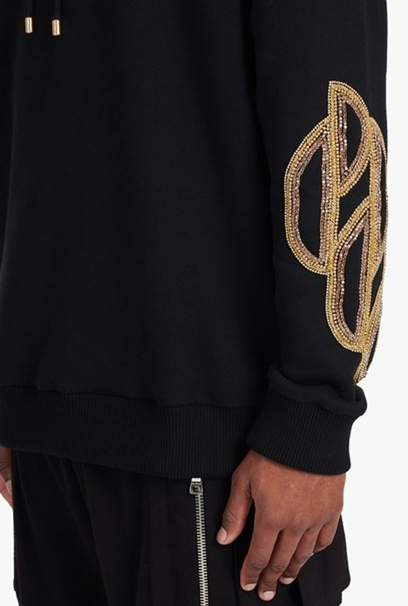Black cotton sweatshirt with embroidered gold Balmain Paris logo 8