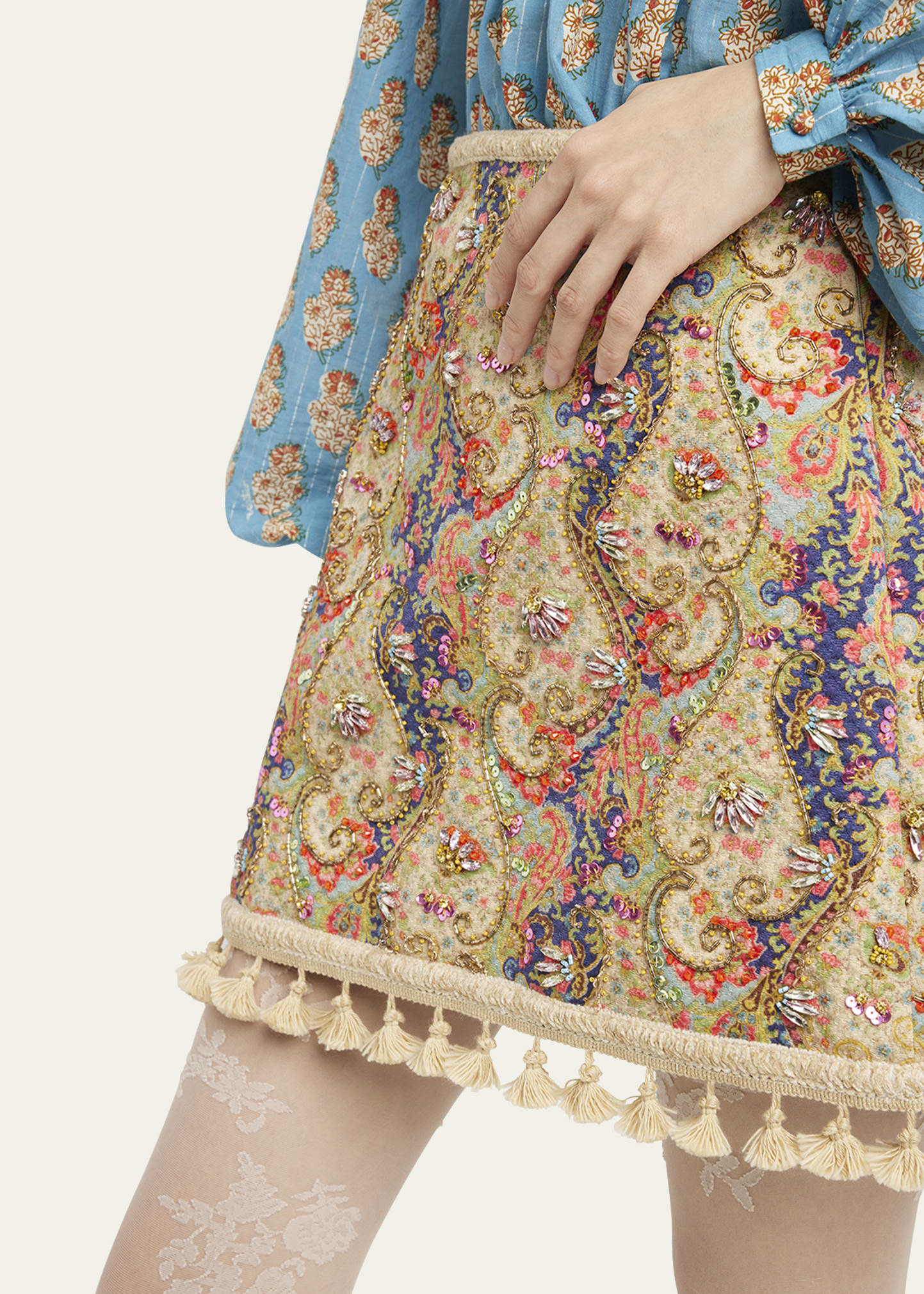 Embellished Tassel-Trim Piquet Mini Skirt - 5