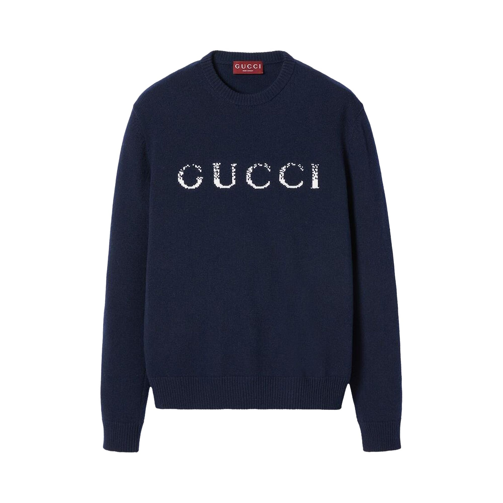 Gucci Logo Intarsia Crewneck Knit Sweater 'Ink/White' - 1