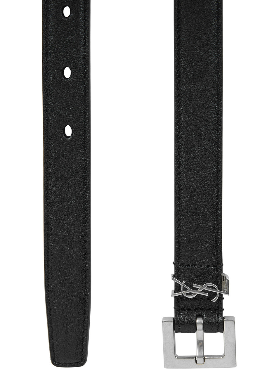 Black logo grained leather belt - 3