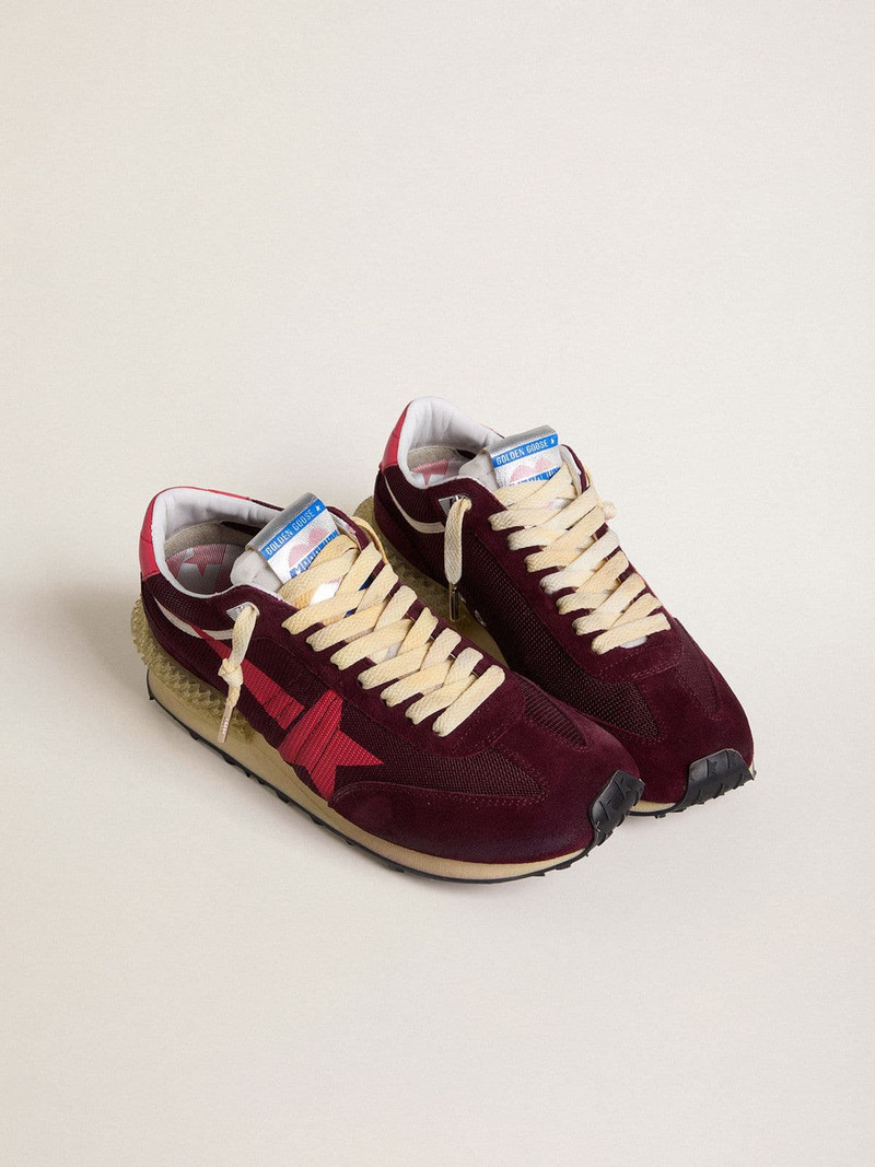 Golden Goose Men's Marathon in burgundy mesh and suede with printed pink star outlook