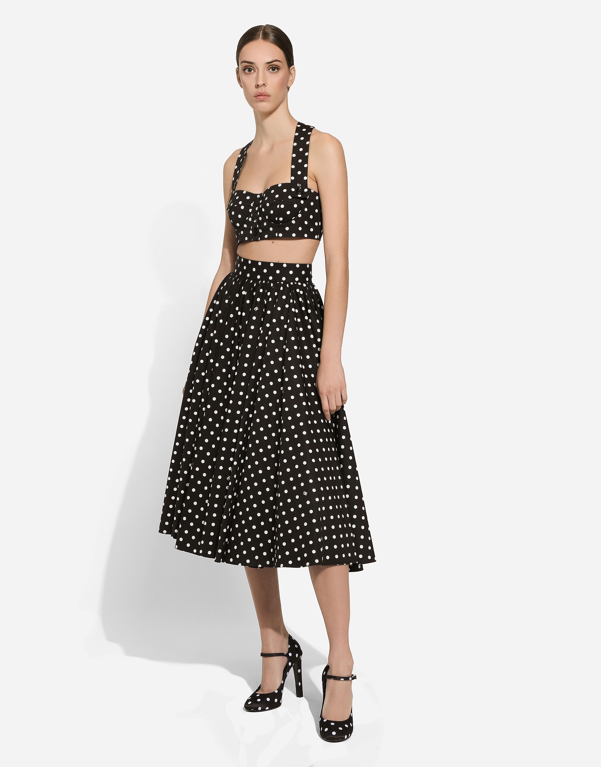 Cotton calf-length circle skirt with polka-dot print - 7