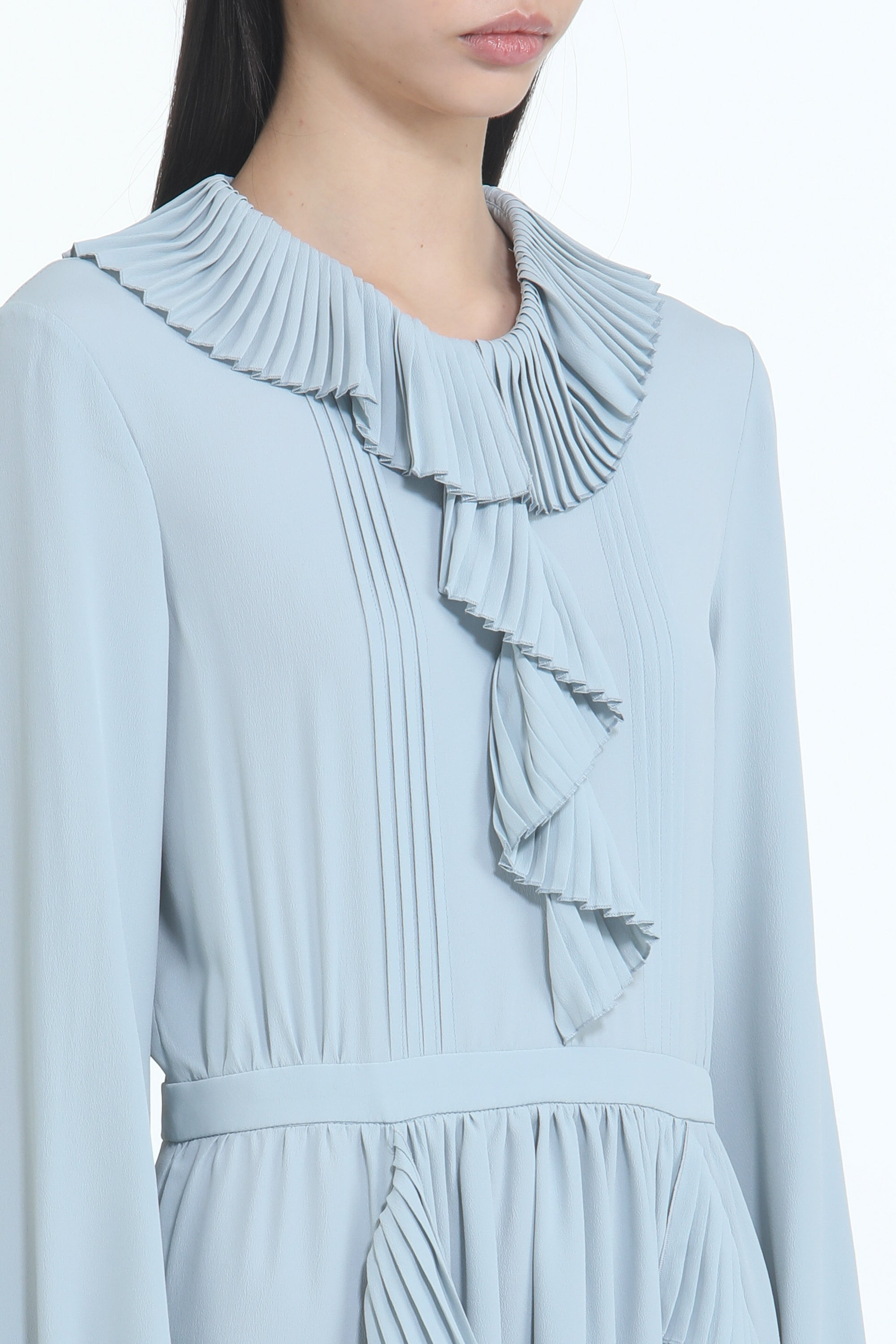 BELOW-THE-KNEE DRESS WITH RUFFLES AND PLEATED COLLAR - 5