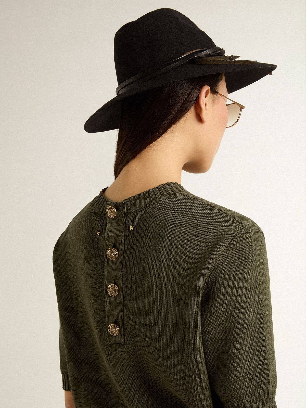 Women's short-sleeved sweater in military-green cotton - 5