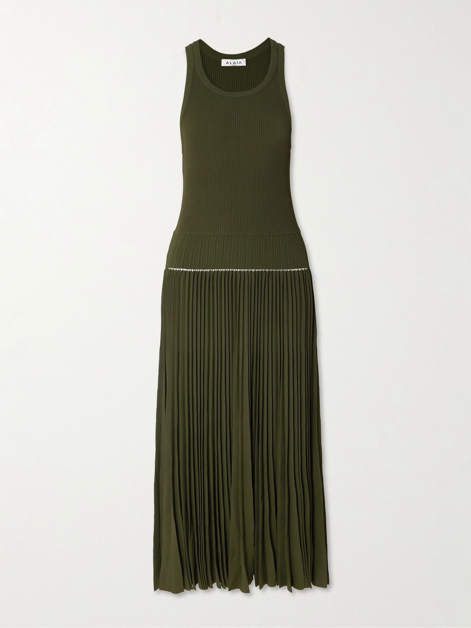 Pleated pointelle-trimmed ribbed-knit midi dress Army green - 1