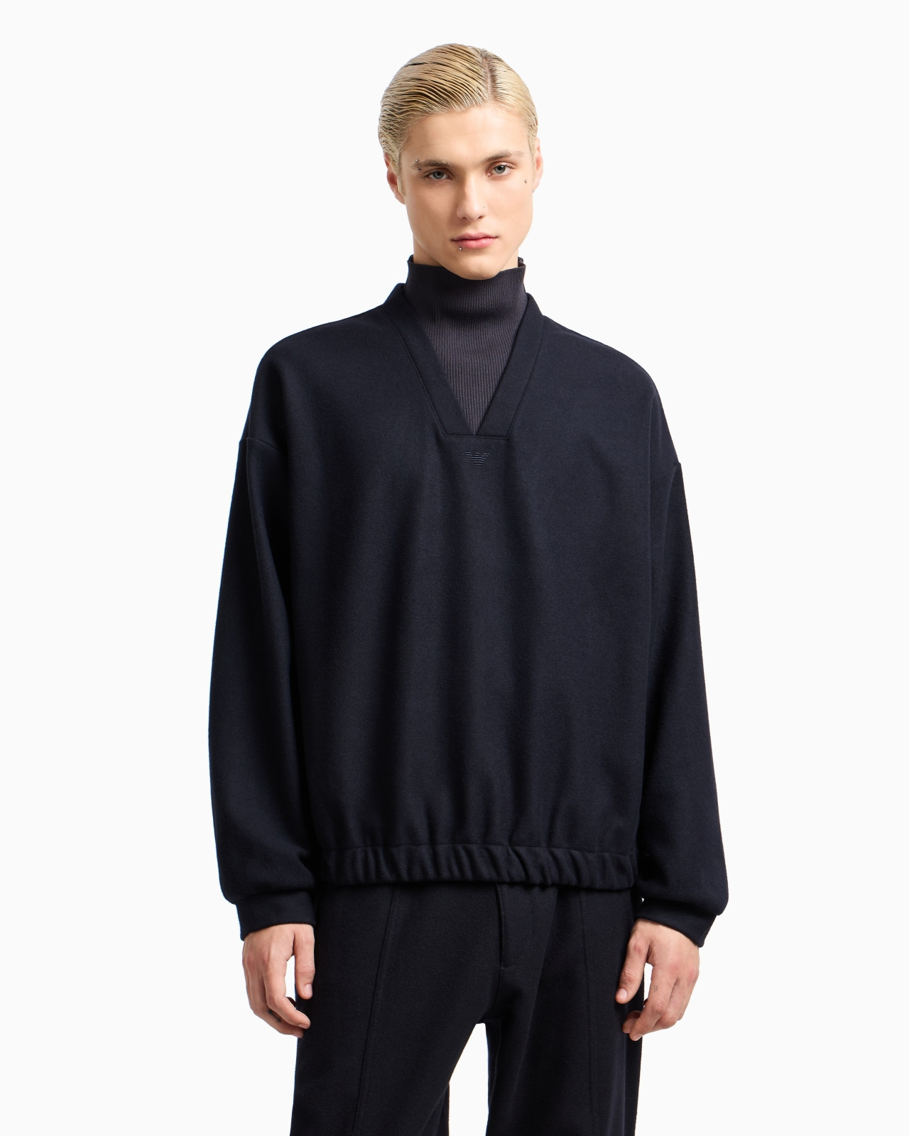 WOOL CLOTH SWEATSHIRT WITH KNIT MOCK NECK - 2