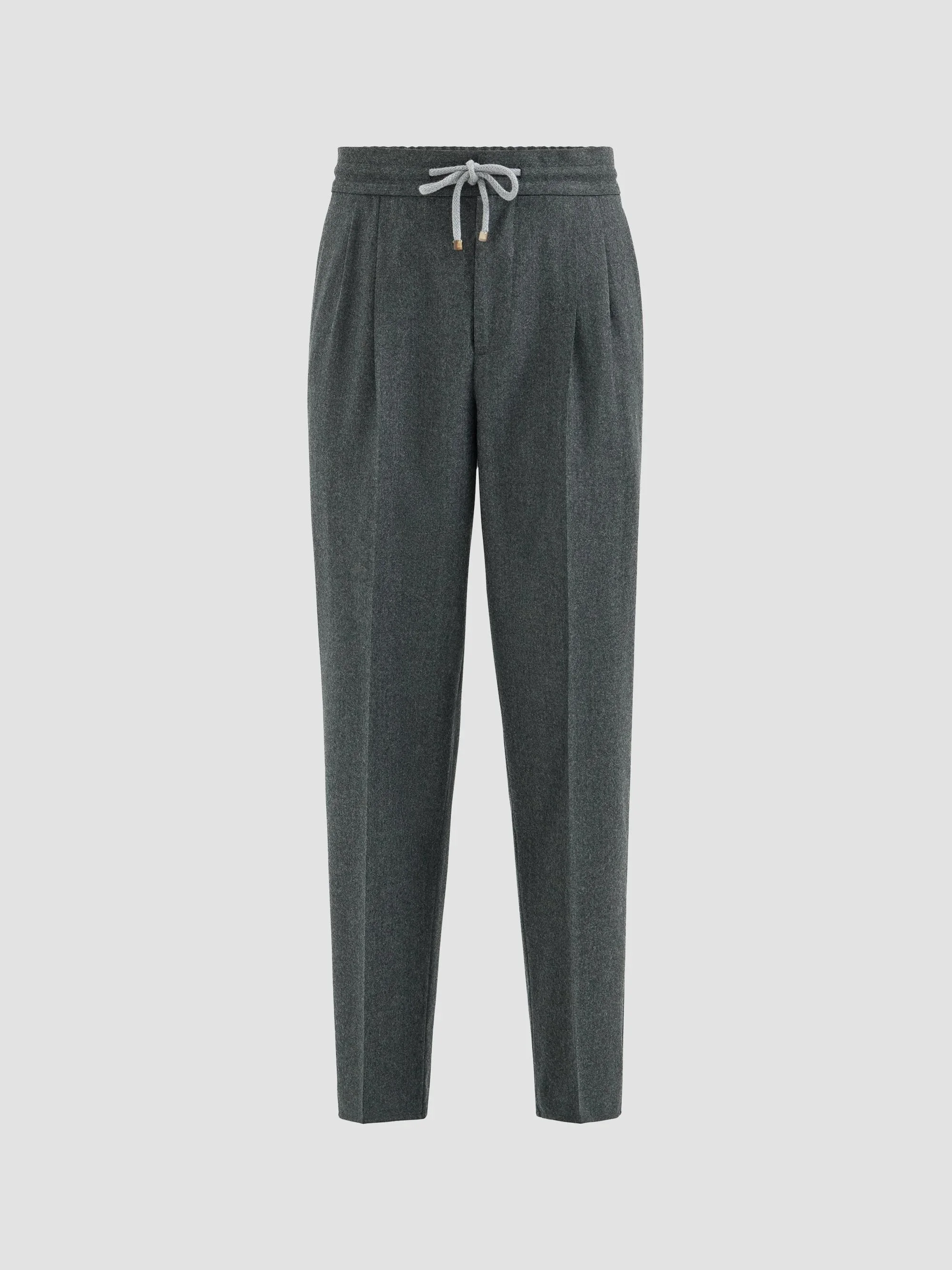 Men's Virgin Wool Flannel Trousers with Drawstring and Double Pleats - Dark Grey - 1