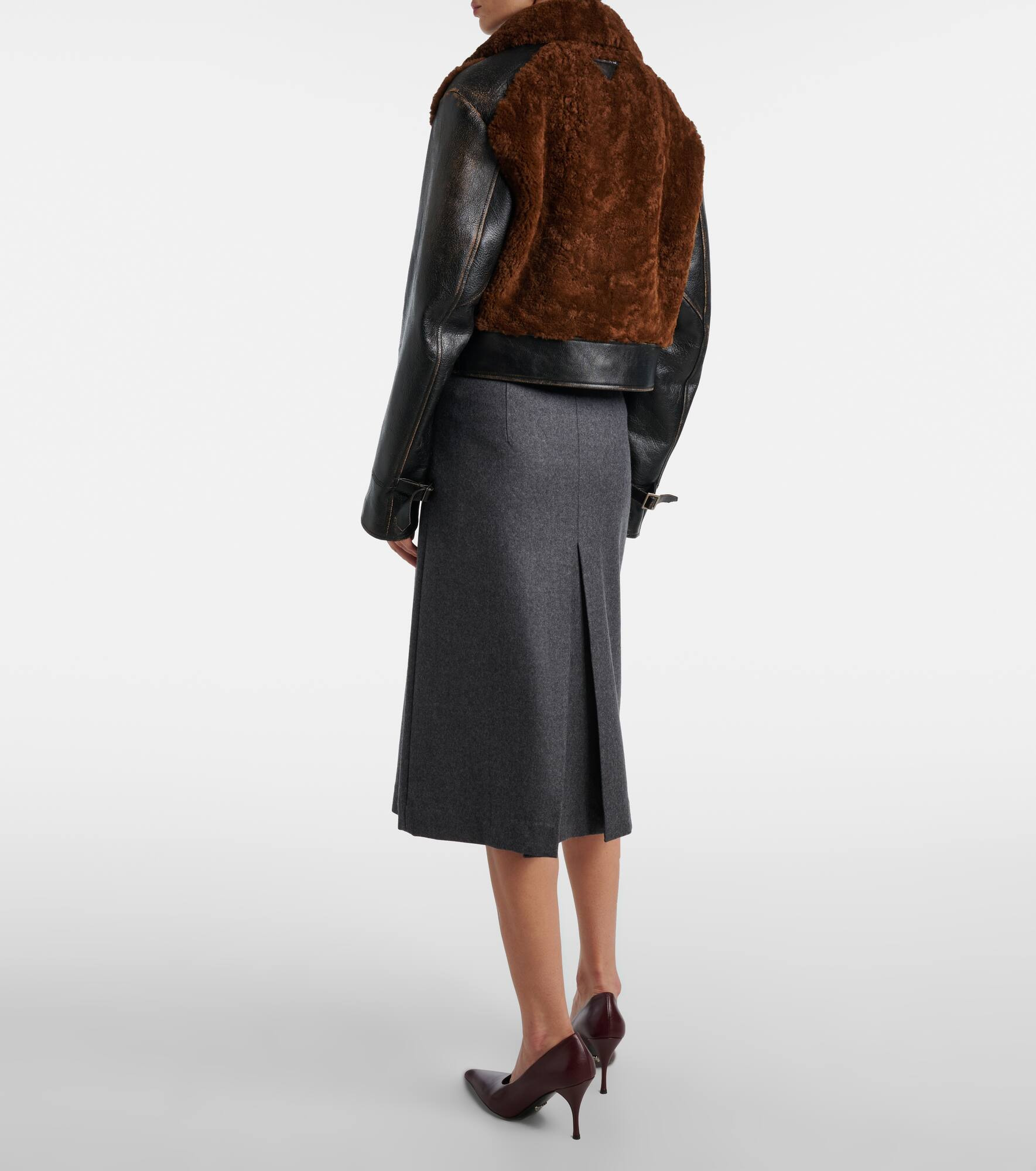 Belted shearling-trimmed leather jacket - 3