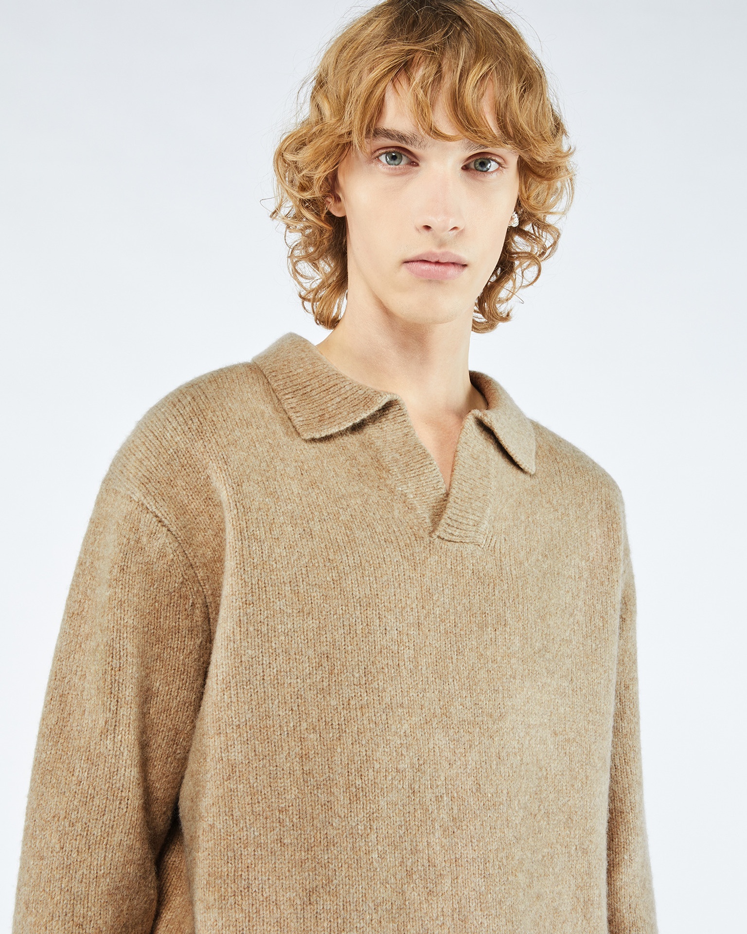 JAURO - Brushed merino wool polo sweater - Oatmeal - 5