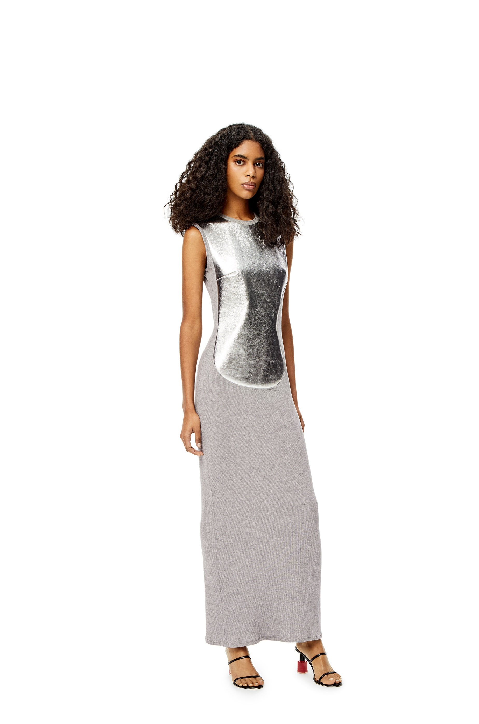 Leather panel long dress in cotton - 2