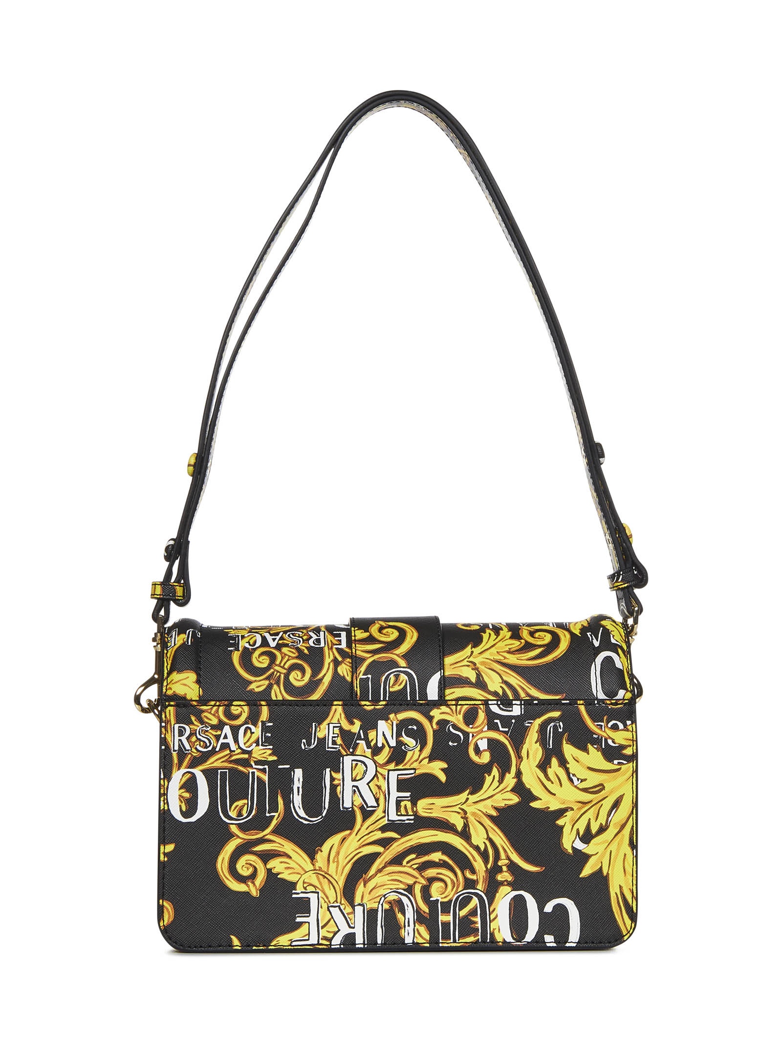 VERSACE JEANS COUTURE Shoulder bag in black faux leather with allover Couture logo print and