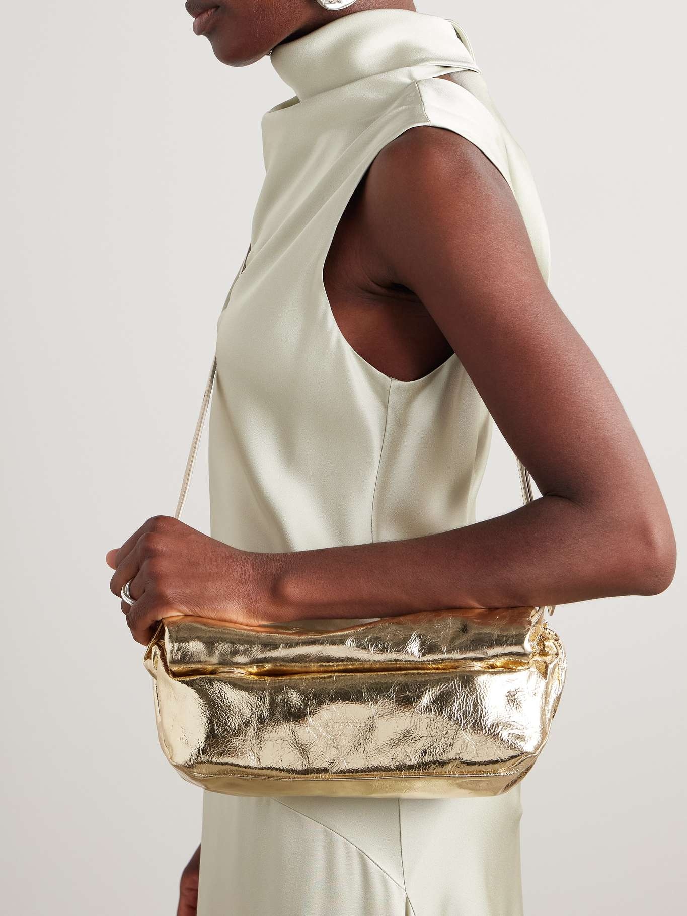 Rollup metallic crinkled-leather shoulder bag - 2