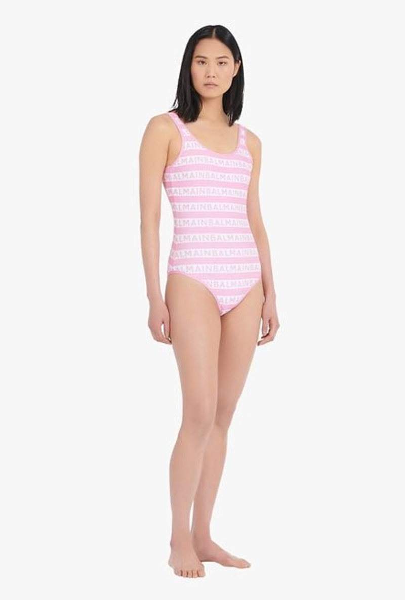 Balmain Bicolor pink and white swimsuit with Balmain monogram outlook
