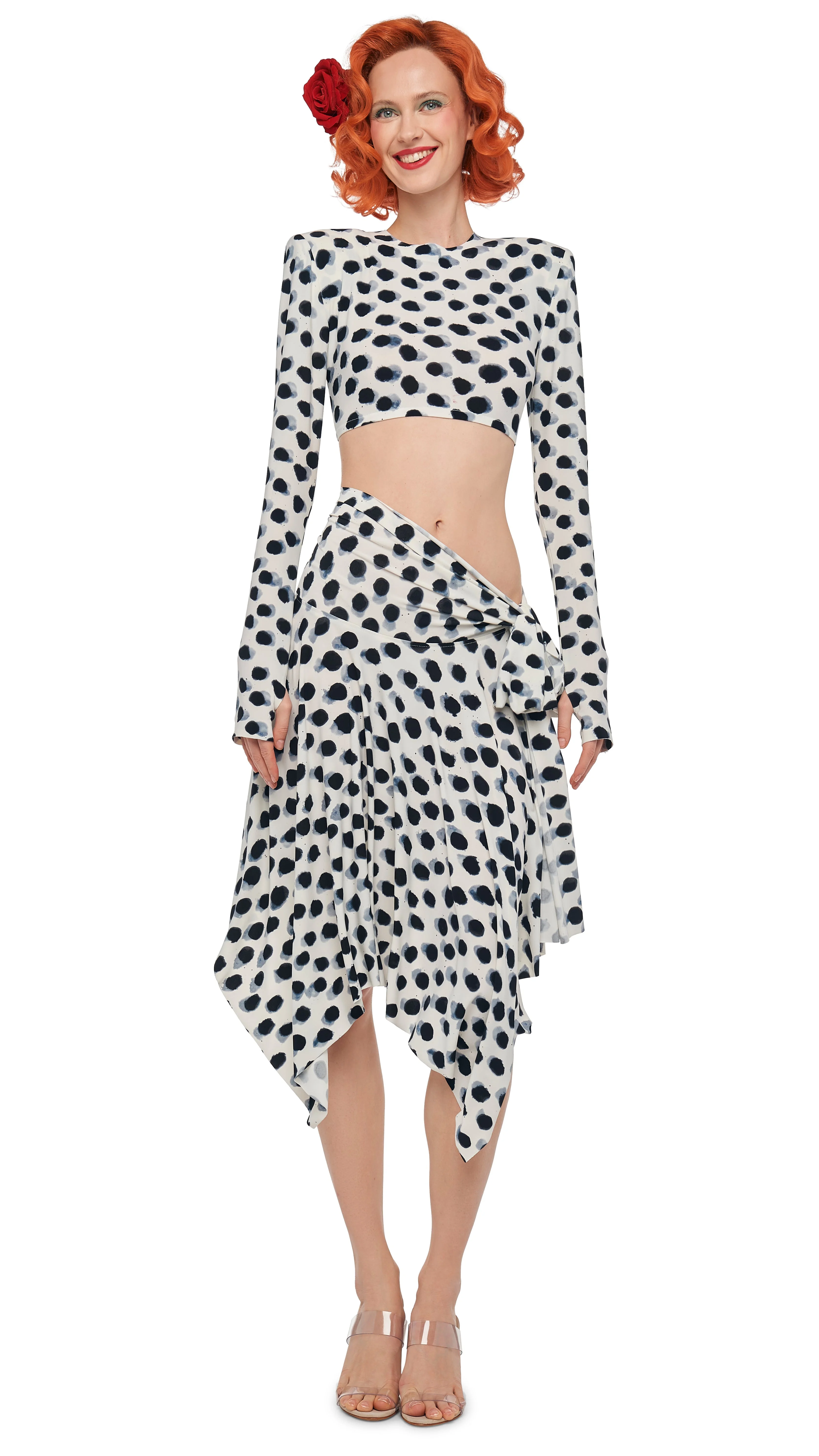 CROPPED SHOULDER PAD LONG SLEEVE CREW TOP - 1