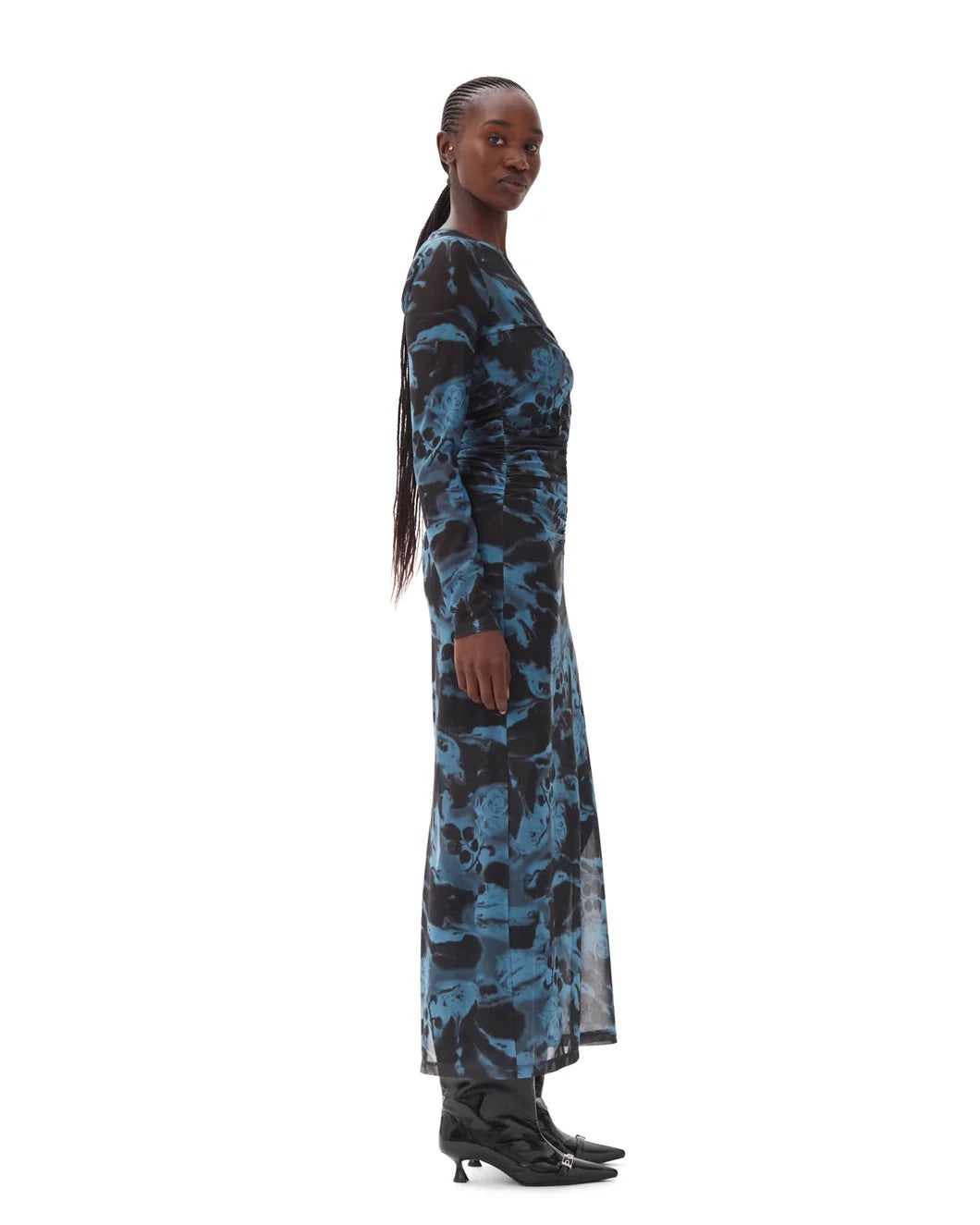 PRINTED MESH O-NECK RUCHED LONG DRESS - 3