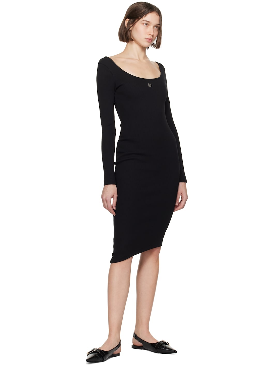 Black Asymmetric Ribbed Cotton 4G Liquid Midi Dress - 4