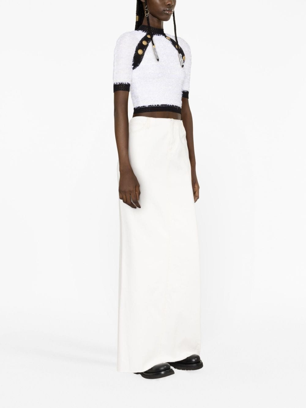 button-embellished tweed crop top - 4