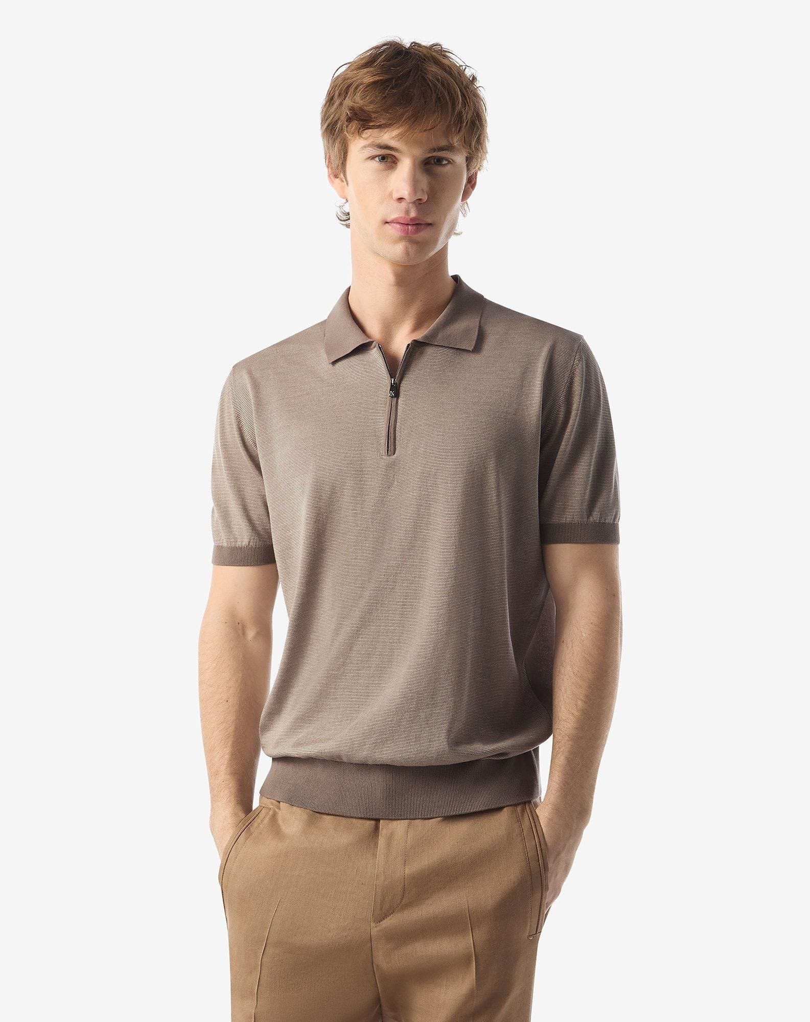 Ice cotton and silk polo shirt with nude/brown zip - 2