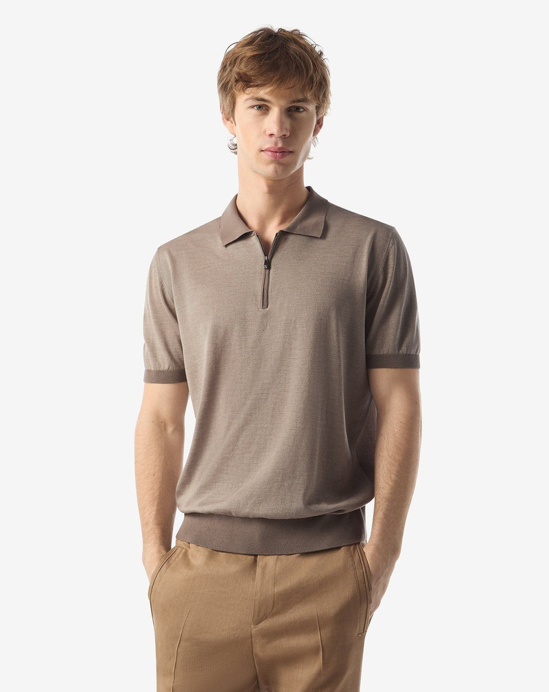 CORNELIANI Ice cotton and silk polo shirt with nude/brown zip outlook