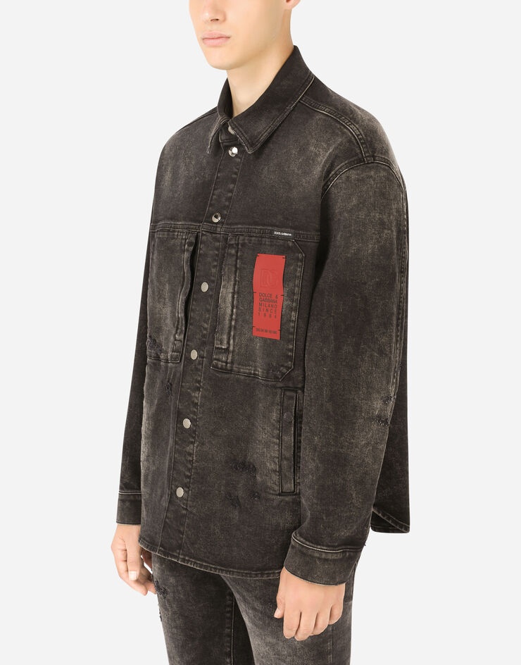 Black stretch denim jacket with patch embellishment - 4