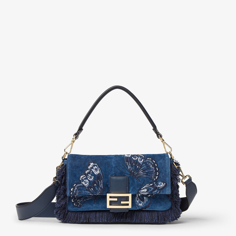 Baguette® Blue flocked denim bag with Night Butterfly embroidery 1