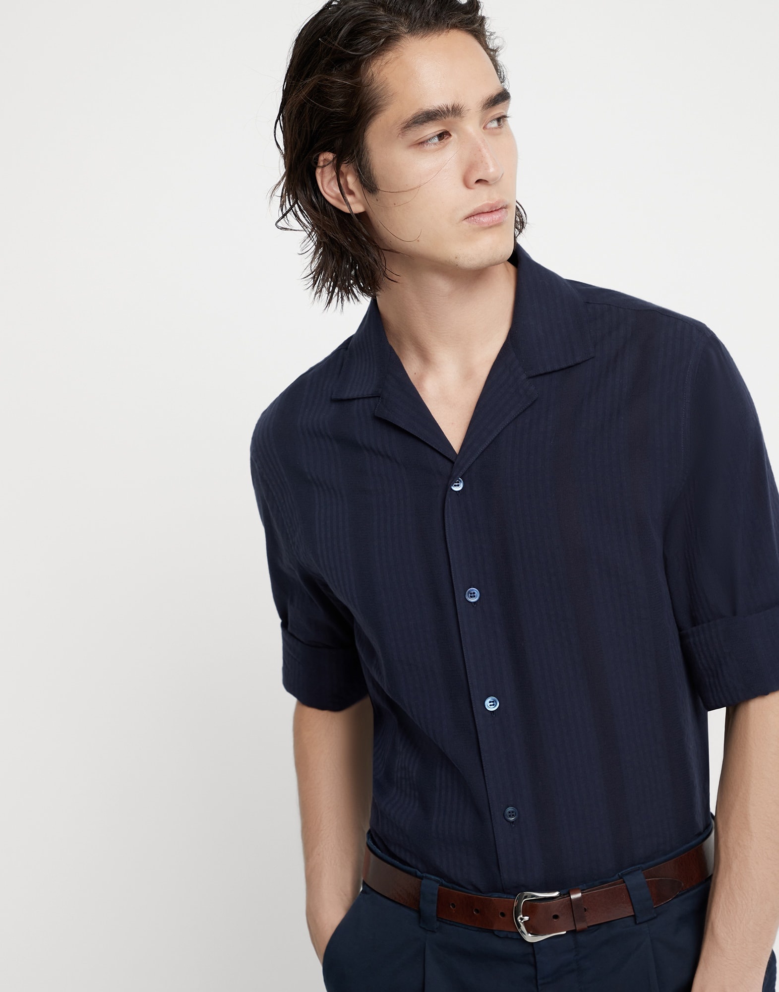 Textured stripe poplin easy fit shirt with camp collar - 4