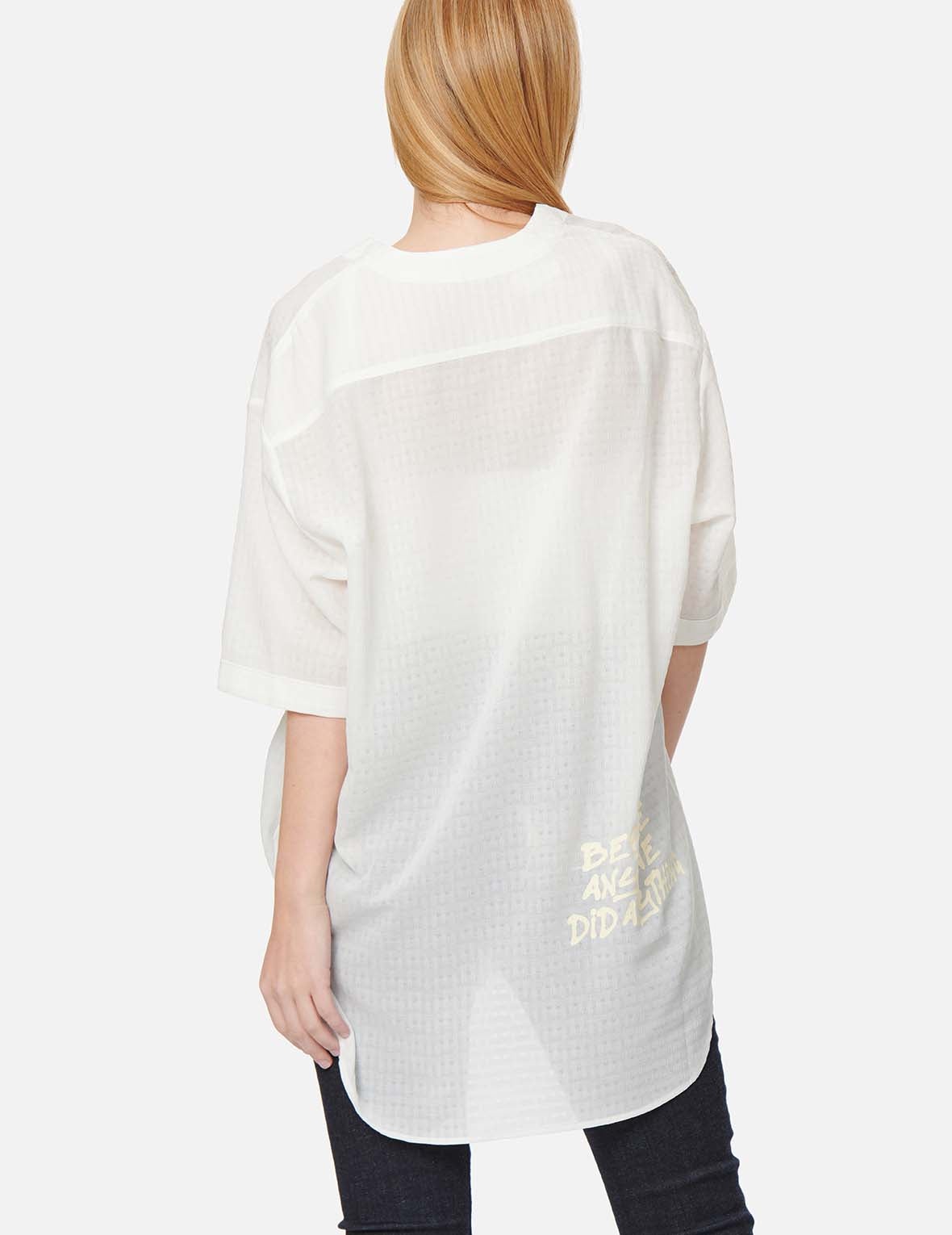 Seagull and Motto Print Seersucker V-neck Dress - 4