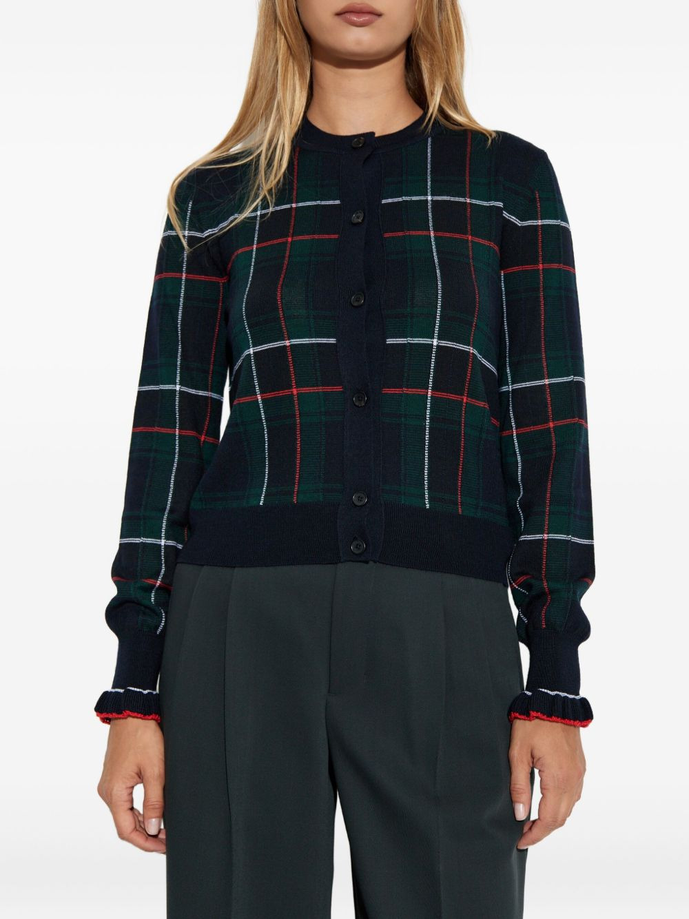 plaid ruffled-cuff cardigan - 3
