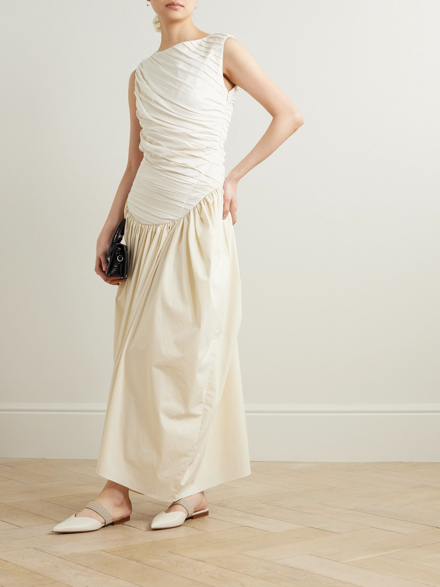 Ora gathered TENCEL™ Lyocell and cotton-blend poplin and jersey midi dress Cream - 2