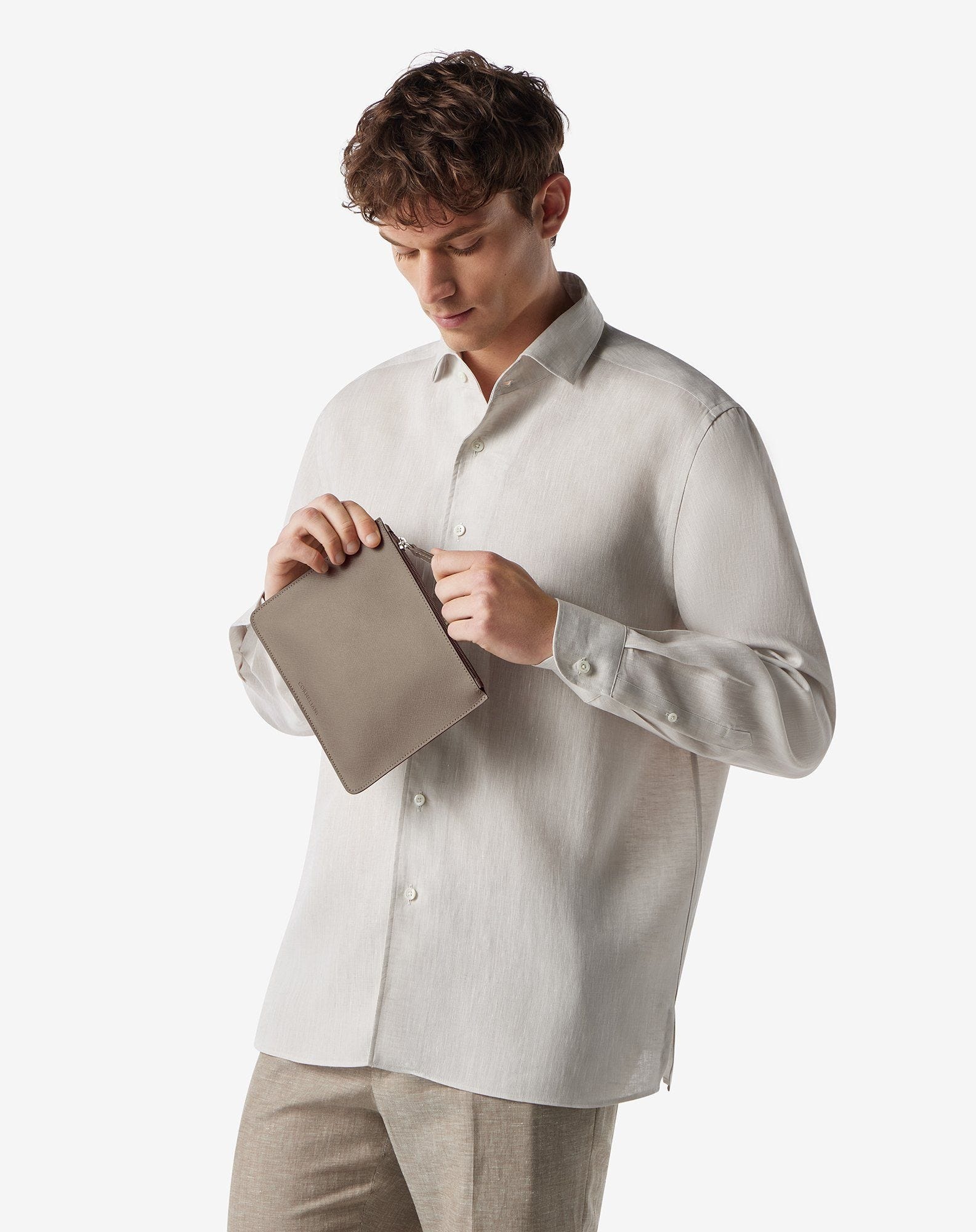 Sandy beige pure chambray linen shirt - 2