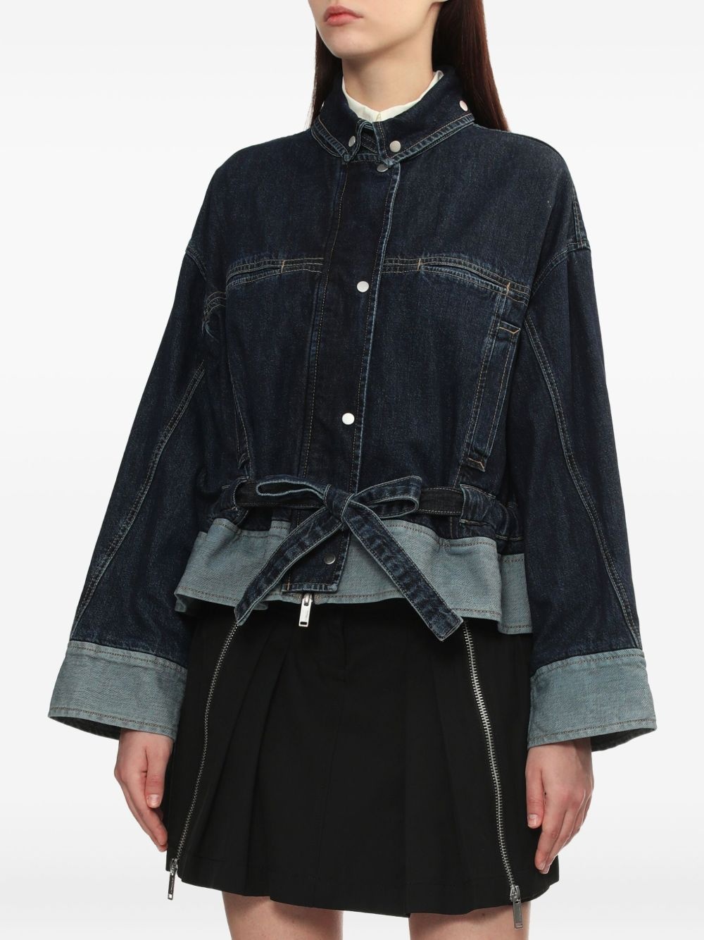 belted contrast-panel denim jacket - 3