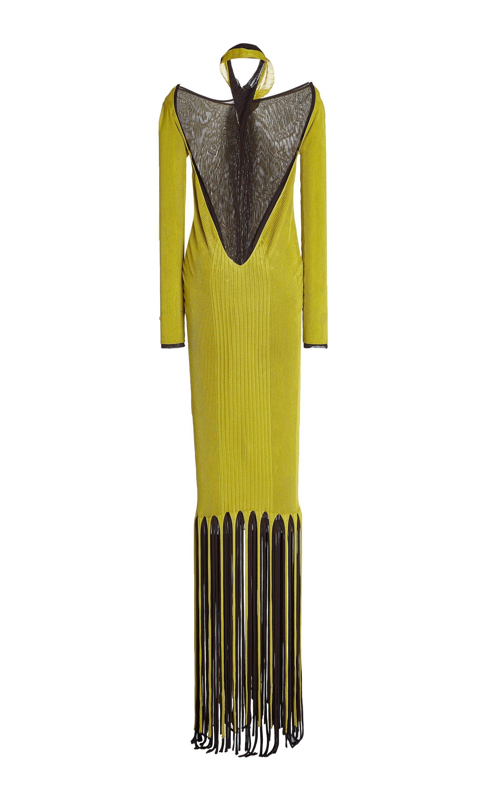 Fringe-Trimmed Ribbed-Knit Maxi Halter Dress green - 3