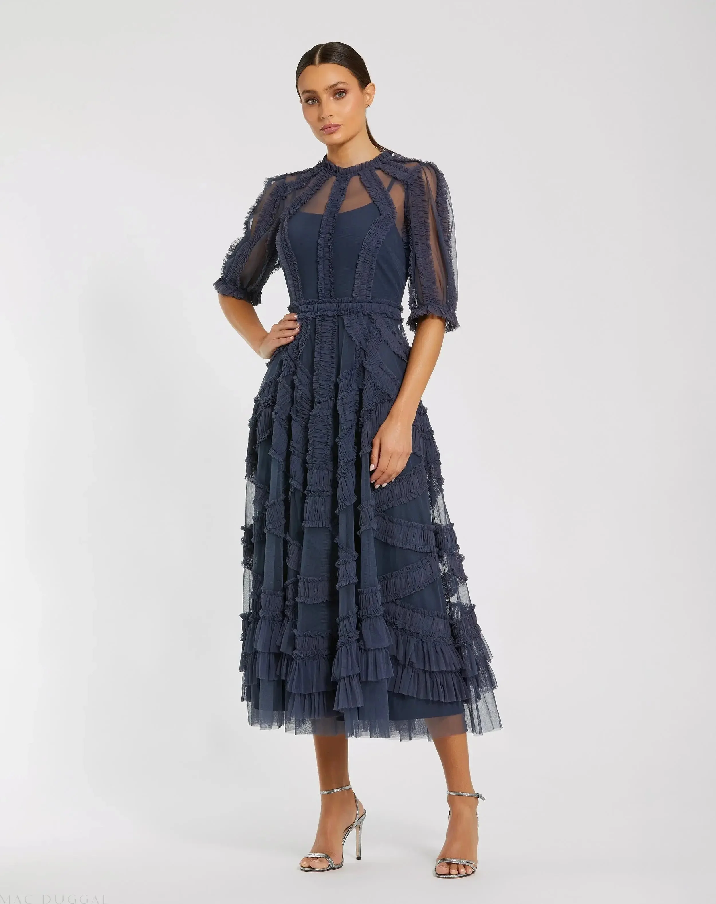 Navy High Neck Ruffle Tiered A-Line Midi Dress - 1